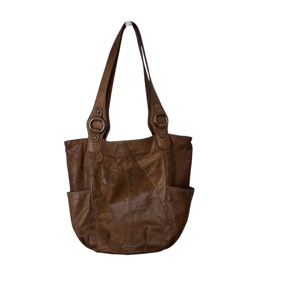 ili‎ Leather Tote Shoulder Bag Purse Brown Pockets Lined Zipper Double Straps